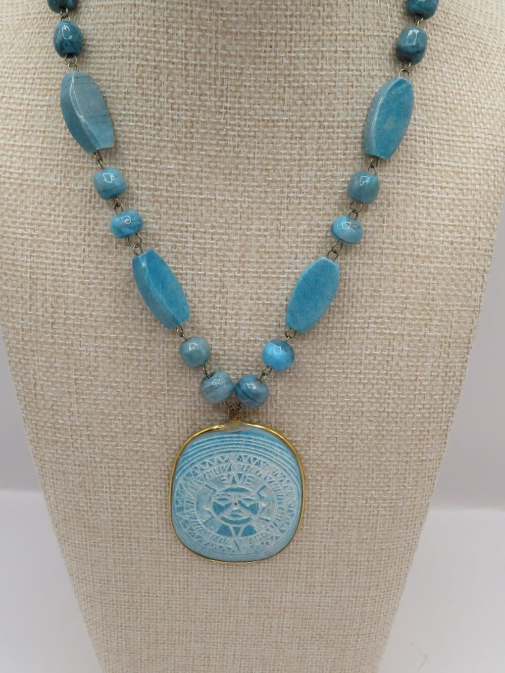 Vintage Polished Carved Aztec Sun Stone Pendant